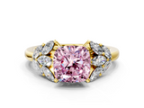 Yellow gold Fancy Pink Cushion  Diamond Cluster Leaf Design Ring with Prong Setting_70