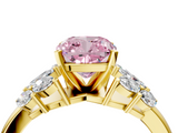 Yellow gold Fancy Pink Cushion  Diamond Cluster Leaf Design Ring with Prong Setting_74