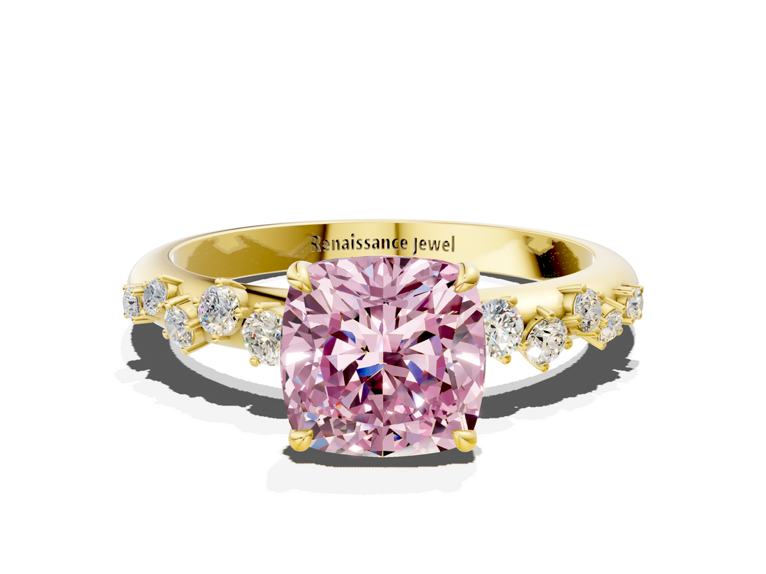 Yellow gold Fancy Pink Cushion  Diamond Cluster Prong-Set Solitaire Ring_43