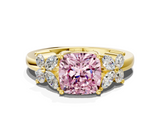 Yellow gold Fancy Pink Cushion  Diamond Floral Cluster Ring with Solitaire Band and Prong Setting_49