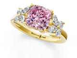 Yellow gold Fancy Pink Cushion  Diamond Floral Cluster Ring with Solitaire Band and Prong Setting_52