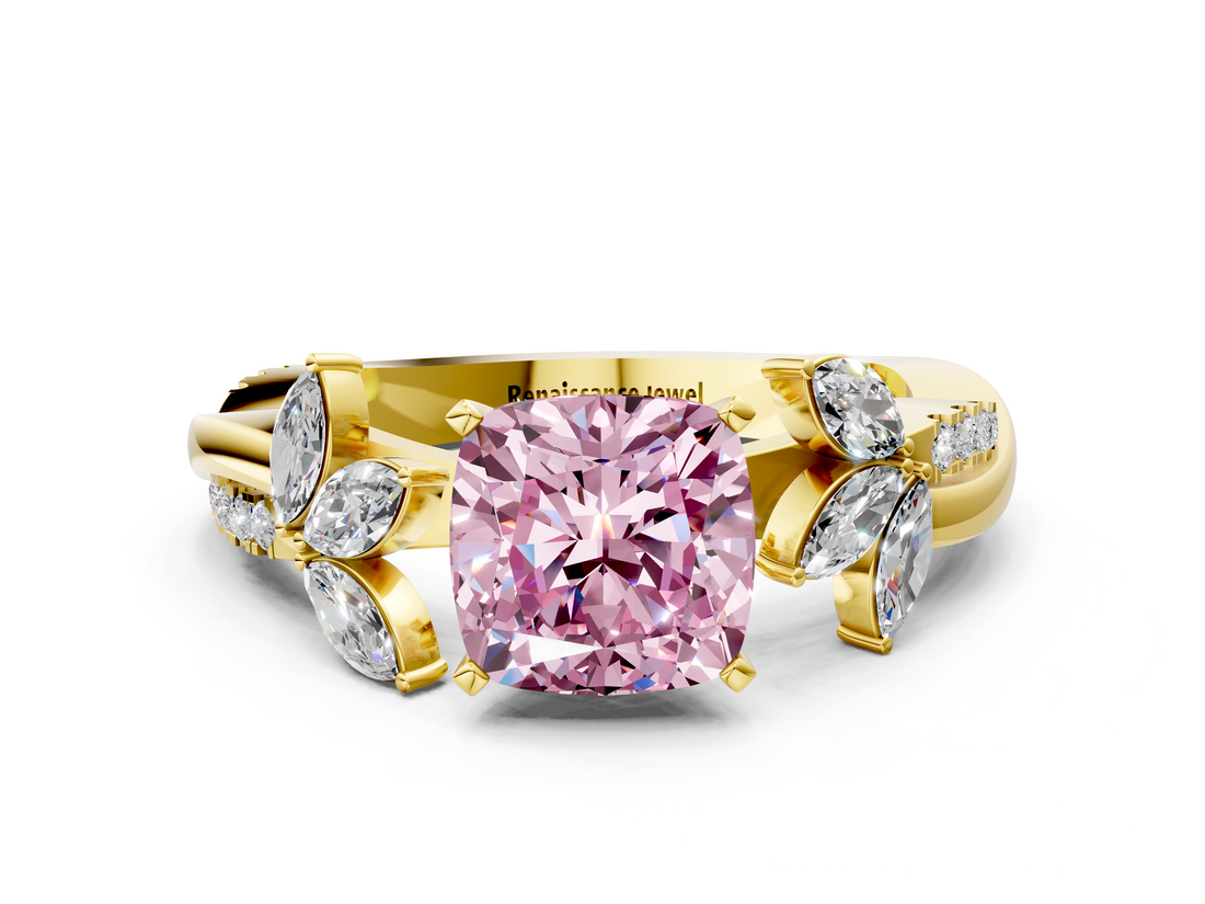 Yellow gold Fancy Pink Cushion  Diamond Floral Vine Solitaire Engagement Ring_3