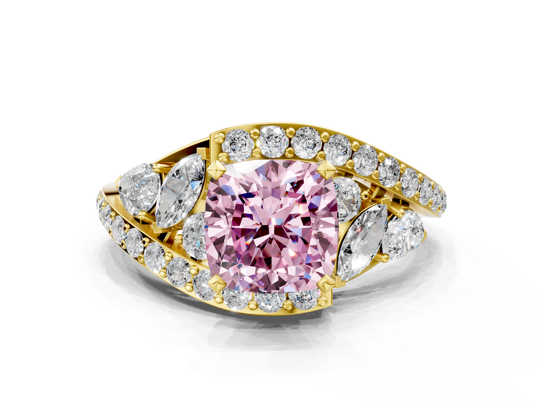 Yellow gold Fancy Pink Cushion  Diamond Halo Ring with Marquise and Pavé Band in Prong Setting_67