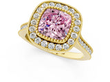 Yellow gold Fancy Pink Cushion  Diamond Halo Ring with Milgrain Frame and Pavé Band 1