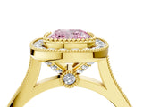 Yellow gold Fancy Pink Cushion  Diamond Halo Ring with Milgrain Frame and Pavé Band 4