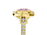 Yellow gold Fancy Pink Cushion  Diamond Halo Ring with Milgrain Frame and Pavé Band 5