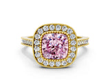 Yellow gold Fancy Pink Cushion  Diamond Halo Ring with Milgrain Frame and Pavé Band