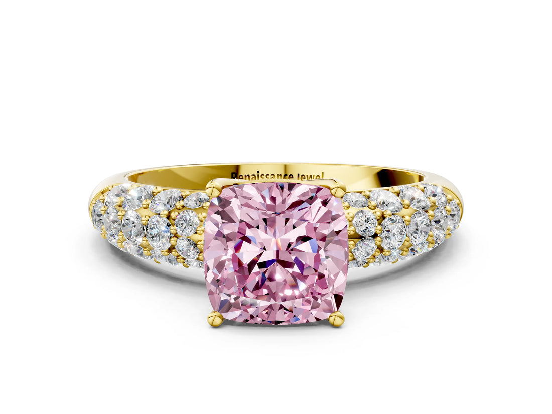 Yellow gold Fancy Pink Cushion  Diamond Pavé Band Solitaire Ring with Four-Prong Setting_61