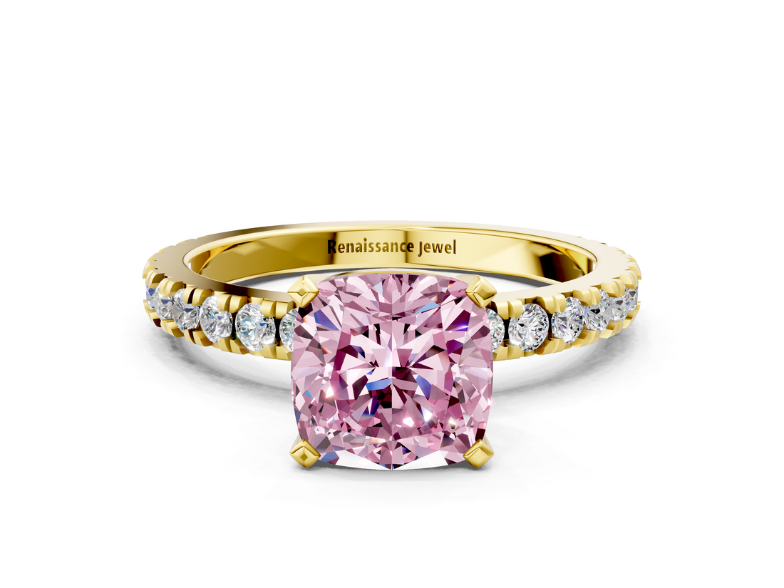 Yellow gold Fancy Pink Cushion  Diamond Pavé Band Solitaire with Four-Prong Setting_200