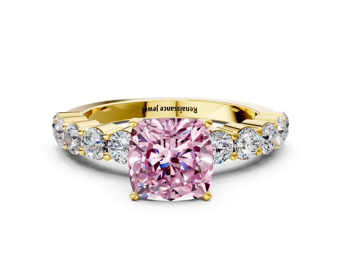 Yellow gold Fancy Pink Cushion  Diamond Pavé Band Solitaire with Four-Prong Setting_3