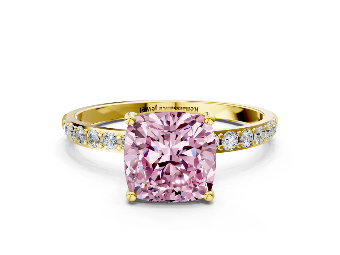 Yellow gold Fancy Pink Cushion  Diamond Pavé Band with Six-Prong Setting_54