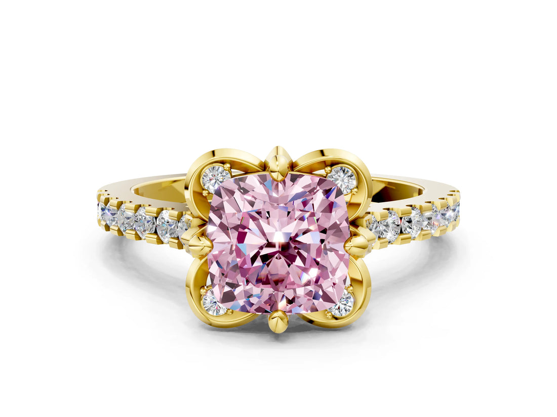 Yellow gold Fancy Pink Cushion  Diamond Pave Band with Floral Prong Setting_27