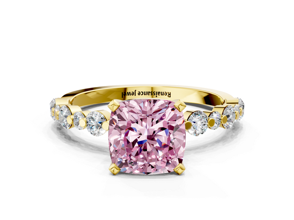 Yellow gold Fancy Pink Cushion Cut Diamond Prong Set Engagement Ring with Pavé Band