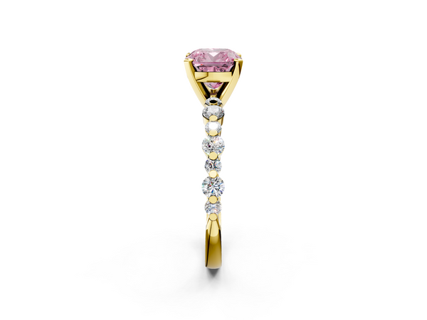 Yellow gold Fancy Pink Cushion Cut Diamond Prong Set Engagement Ring with Pavé Band