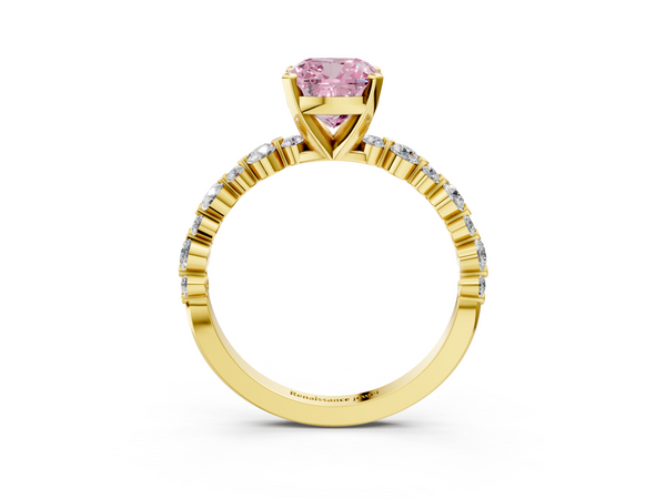 Yellow gold Fancy Pink Cushion Cut Diamond Prong Set Engagement Ring with Pavé Band