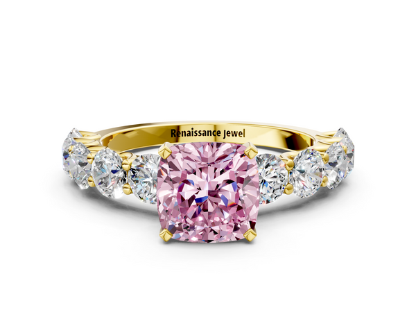 Yellow gold Fancy Pink Cushion Cut Diamond Prong Setting with Side Stones on a Pave Band