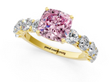 Yellow gold Fancy Pink Cushion  Diamond Prong Setting with Side Stones on a Pave Band_131