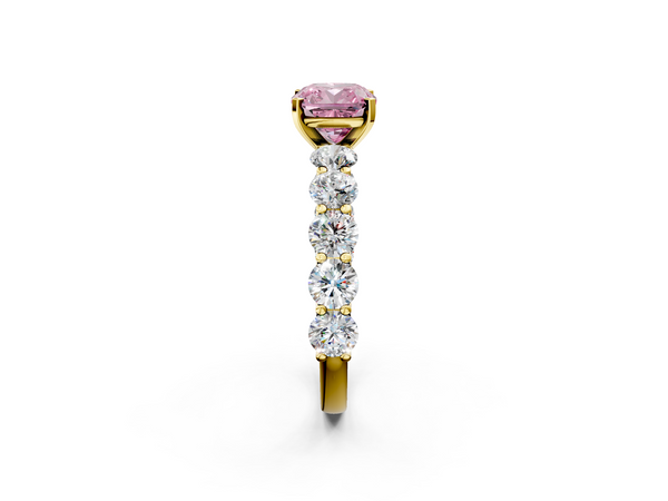 Yellow gold Fancy Pink Cushion Cut Diamond Prong Setting with Side Stones on a Pave Band
