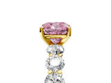 Yellow gold Fancy Pink Cushion  Diamond Prong Setting with Side Stones on a Pave Band_135