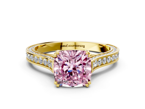 Yellow gold Fancy Pink Cushion  Diamond Solitaire with Pave Band and Six-Prong Setting