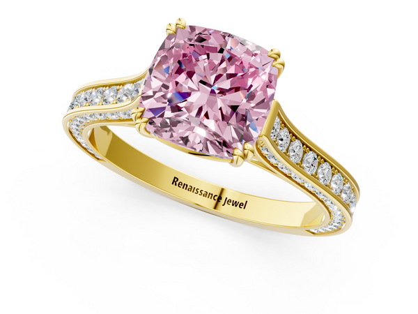 Yellow gold Fancy Pink Cushion  Diamond Solitaire with Pave Band and Six-Prong Setting