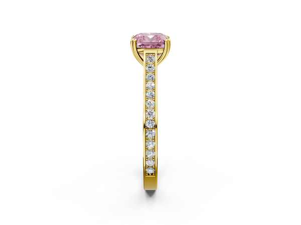 Yellow gold Fancy Pink Cushion  Diamond Solitaire with Pave Band and Six-Prong Setting