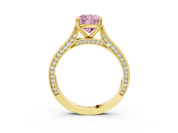 Yellow gold Fancy Pink Cushion  Diamond Solitaire with Pave Band and Six-Prong Setting