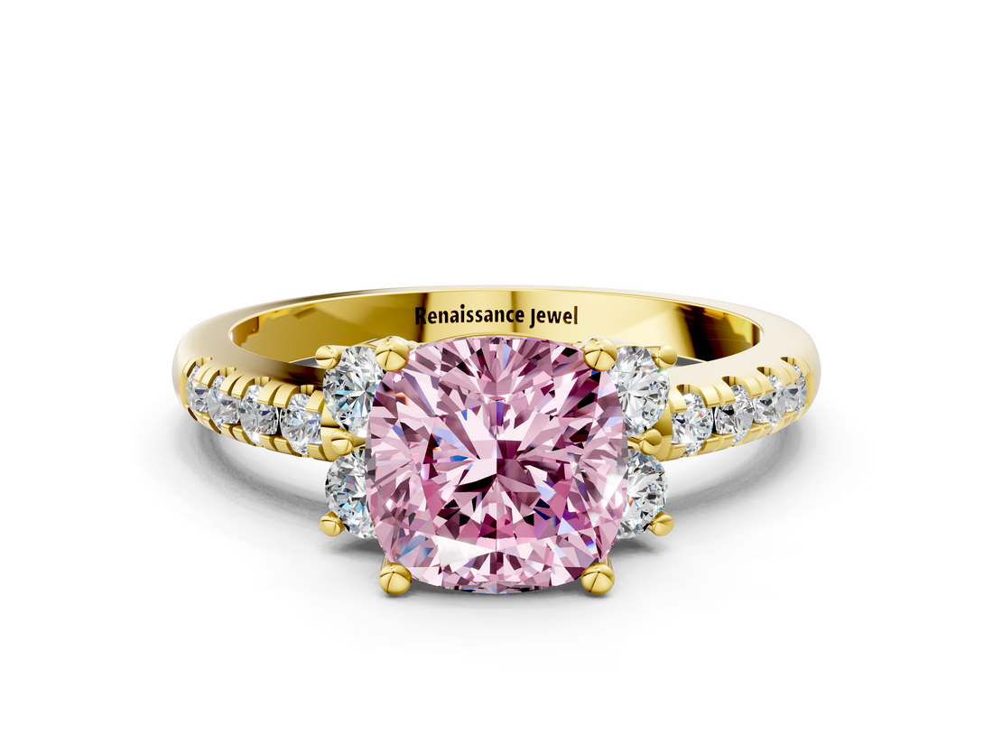 Yellow gold Fancy Pink Cushion  Diamond Three-Stone Pave Band with Four-Prong Setting_18