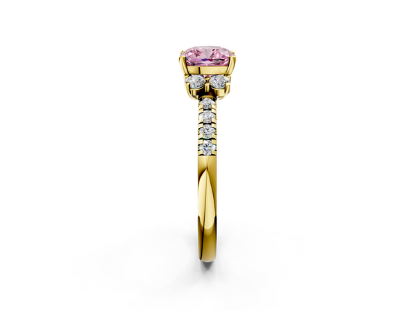 Yellow gold Fancy Pink Cushion  Diamond Three-Stone Pave Band with Four-Prong Setting