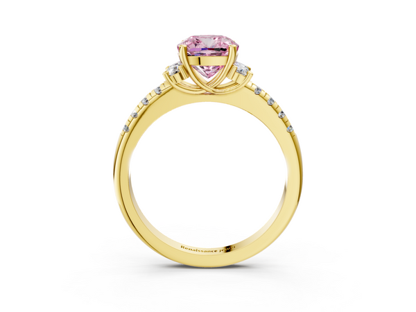 Yellow gold Fancy Pink Cushion  Diamond Three-Stone Pave Band with Four-Prong Setting