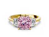 Yellow gold Fancy Pink Cushion  Diamond Three-Stone Ring with Trapezoid Side Stones and Prong Setting_34