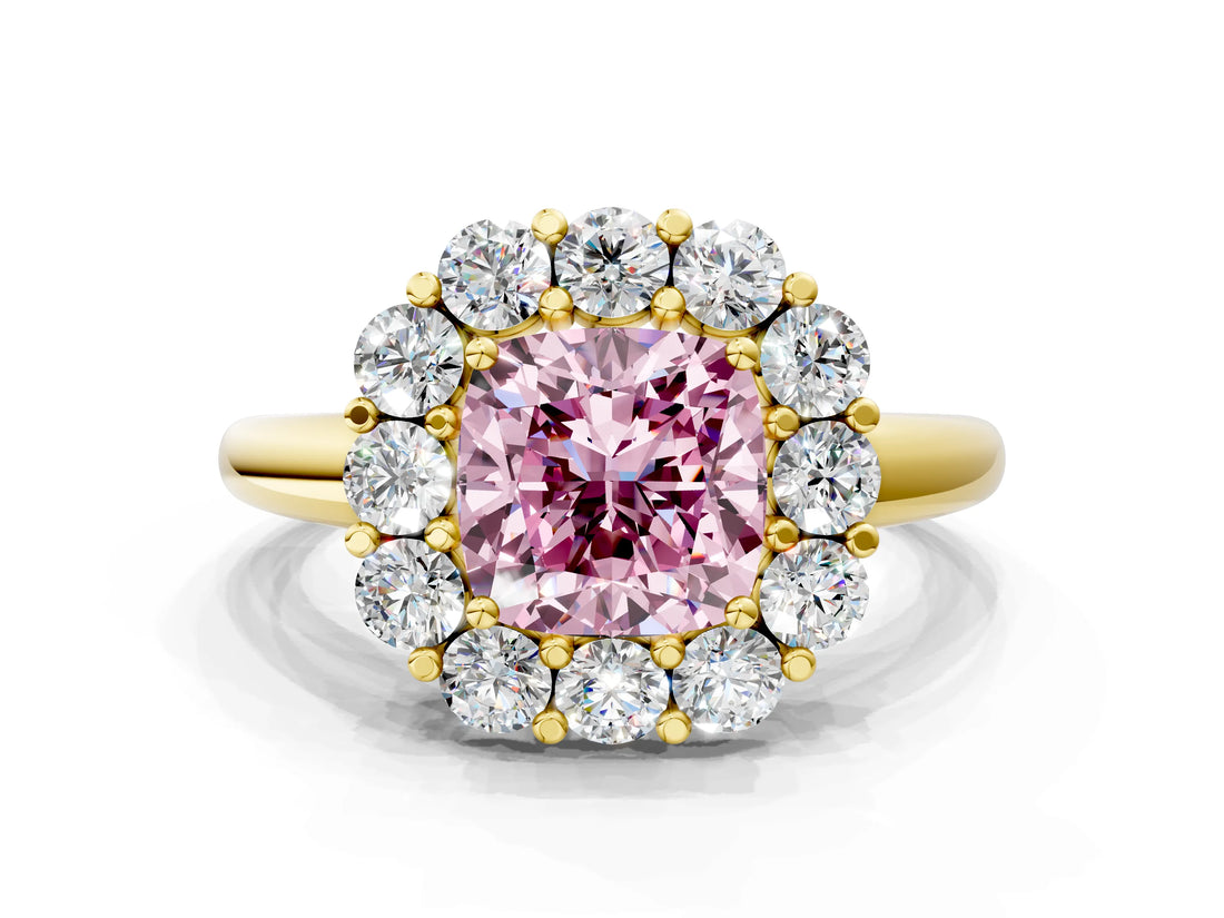 Yellow gold Fancy Pink Cushion  Halo Cluster Diamond Engagement Ring with Prong Setting and Polished Band_51