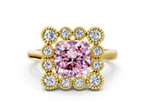 Yellow gold Fancy Pink Cushion  Halo Diamond Cluster Engagement Ring with Milgrain Bezel Setting and Solitaire Band_27