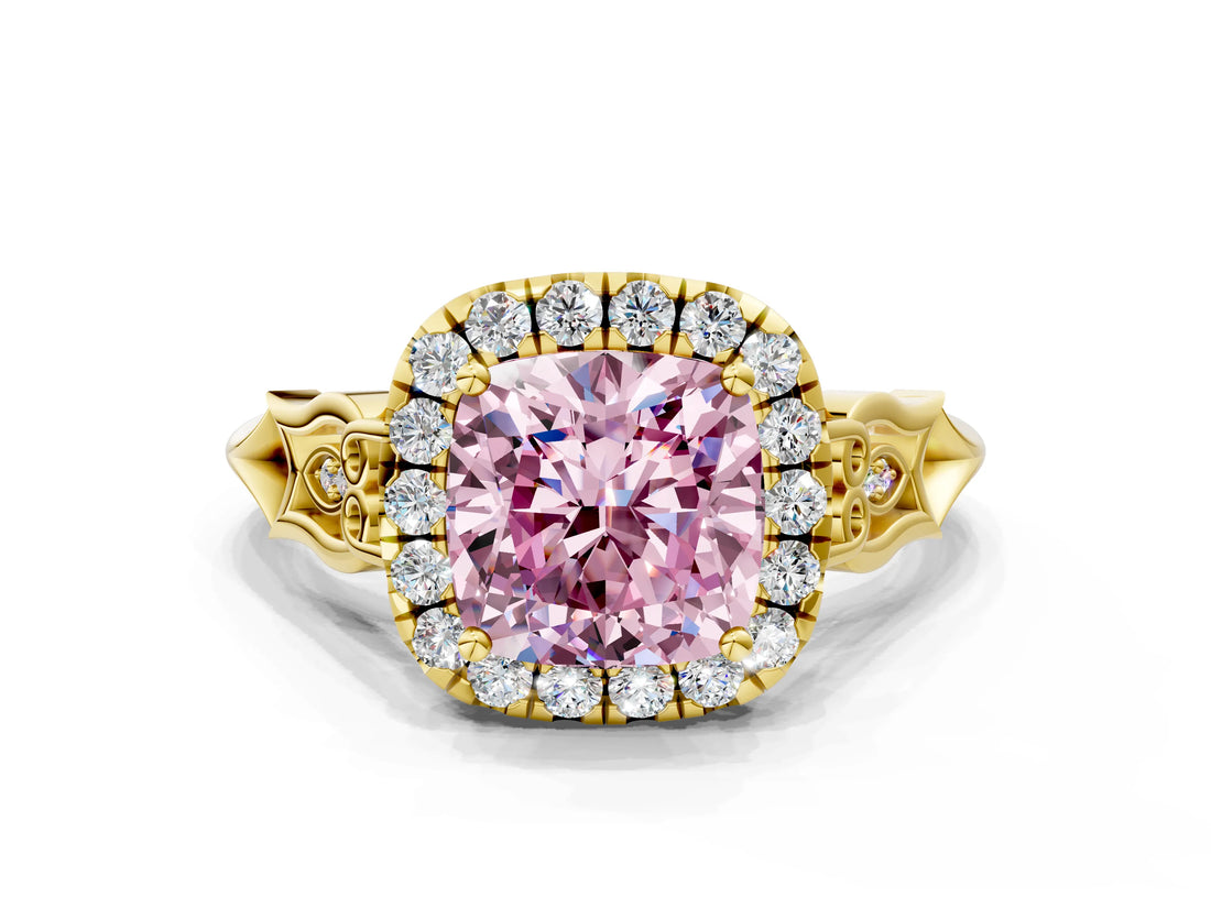 Yellow gold Fancy Pink Cushion  Halo Diamond Engagement Ring with Filigree Band and Four-Prong Setting_81