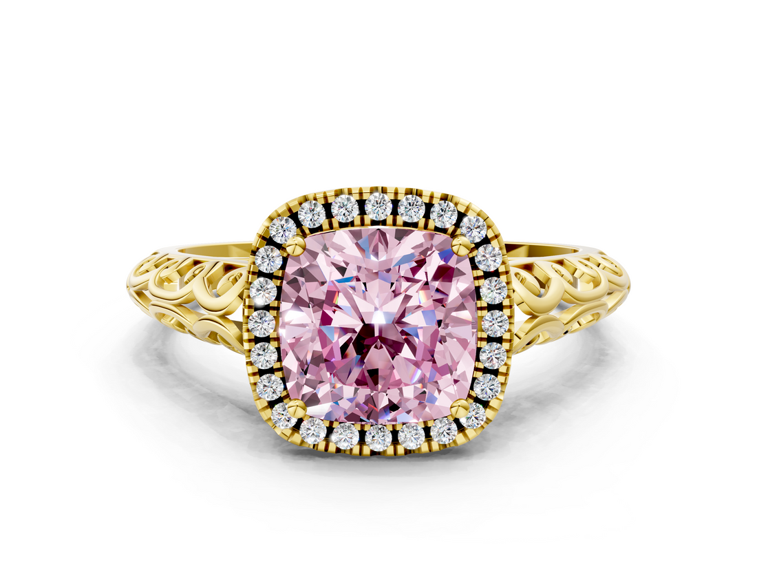 Yellow gold Fancy Pink Cushion  Halo Diamond Engagement Ring with Intricate Filigree Band and Four-Prong Setting_37