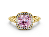 Yellow gold Fancy Pink Cushion  Halo Diamond Engagement Ring with Intricate Filigree Band and Four-Prong Setting_37