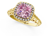 Yellow gold Fancy Pink Cushion  Halo Diamond Engagement Ring with Intricate Filigree Band and Four-Prong Setting_38