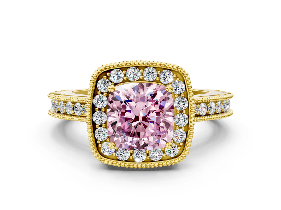 Yellow gold Fancy Pink Cushion  Halo Diamond Engagement Ring with Milgrain Pave Band and Four-Prong Setting_12