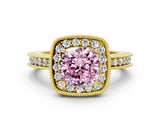 Yellow gold Fancy Pink Cushion  Halo Diamond Engagement Ring with Milgrain Pave Band and Four-Prong Setting_12