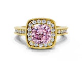 Yellow gold Fancy Pink Cushion  Halo Diamond Engagement Ring with Milgrain Pave Band and Four-Prong Setting_123