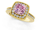 Yellow gold Fancy Pink Cushion  Halo Diamond Engagement Ring with Milgrain Pave Band and Four-Prong Setting_124