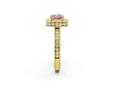 Yellow gold Fancy Pink Cushion  Halo Diamond Engagement Ring with Milgrain Pave Band and Four-Prong Setting_125