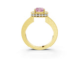 Yellow gold Fancy Pink Cushion  Halo Diamond Engagement Ring with Milgrain Pave Band and Four-Prong Setting_126