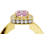 Yellow gold Fancy Pink Cushion  Halo Diamond Engagement Ring with Milgrain Pave Band and Four-Prong Setting_127