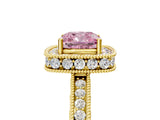 Yellow gold Fancy Pink Cushion  Halo Diamond Engagement Ring with Milgrain Pave Band and Four-Prong Setting_128