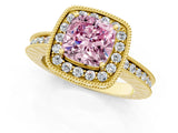 Yellow gold Fancy Pink Cushion  Halo Diamond Engagement Ring with Milgrain Pave Band and Four-Prong Setting_13