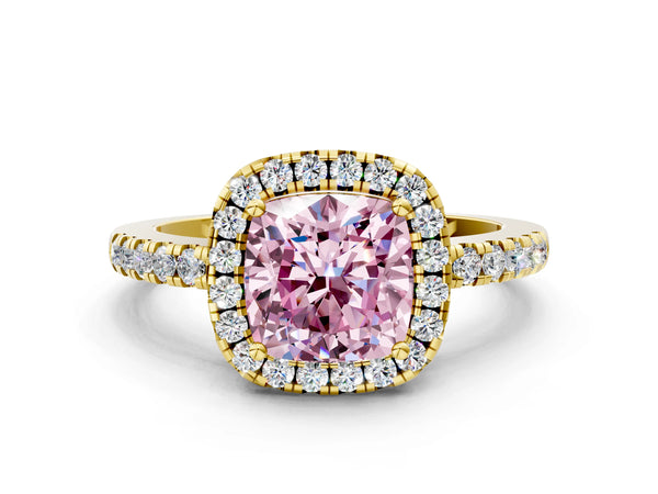 Yellow gold Fancy Pink Cushion  Halo Diamond Engagement Ring with Pavé Band and Four-Prong Setting