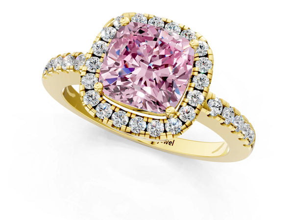 Yellow gold Fancy Pink Cushion  Halo Diamond Engagement Ring with Pavé Band and Four-Prong Setting