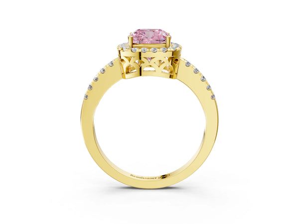 Yellow gold Fancy Pink Cushion  Halo Diamond Engagement Ring with Pavé Band and Four-Prong Setting