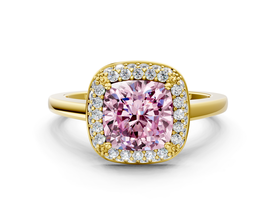 Yellow gold Fancy Pink Cushion  Halo Diamond Engagement Ring with Solitaire Band and Four-Prong Setting_20